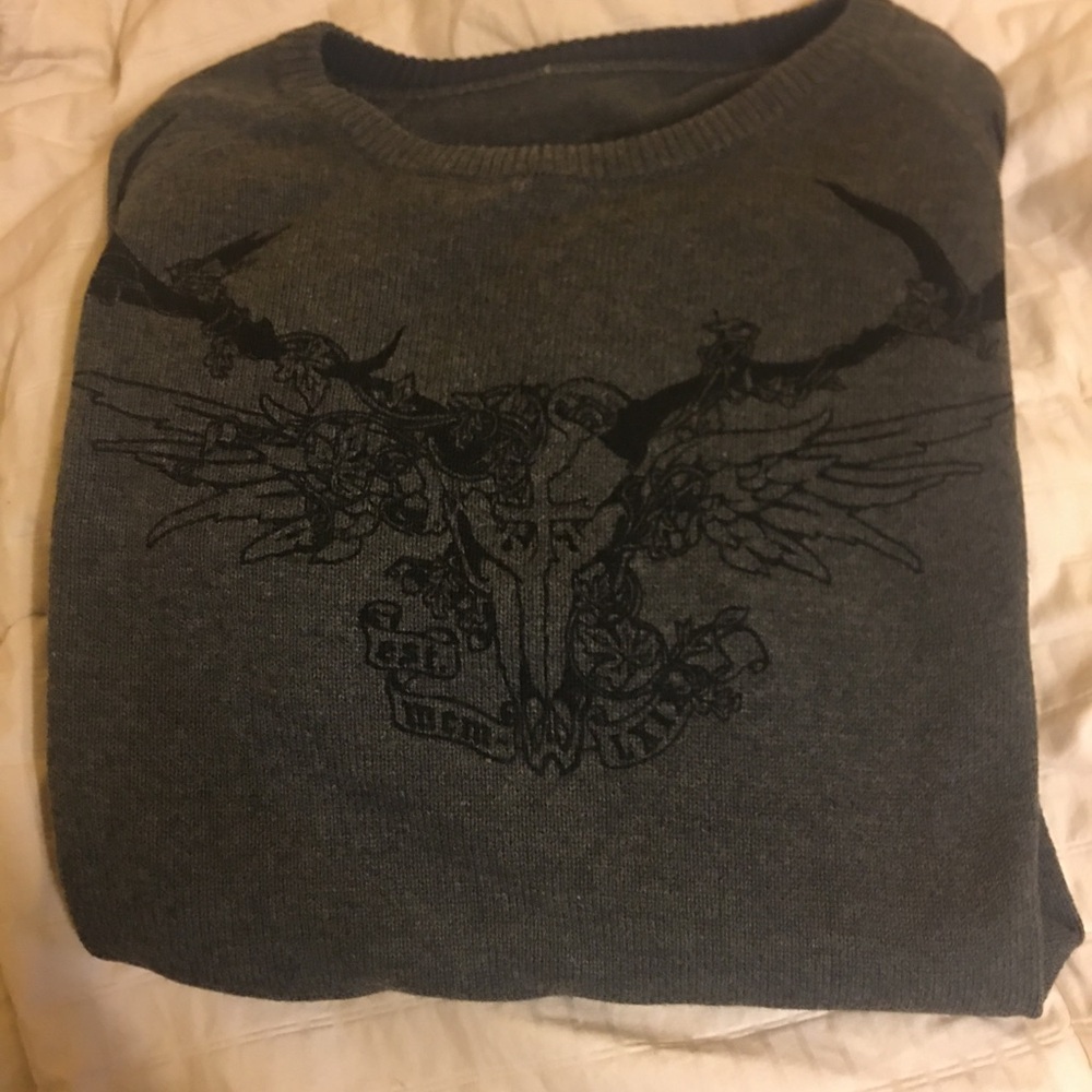 American Eagle Men's Gray Reversible Sweater with Graphic Design.